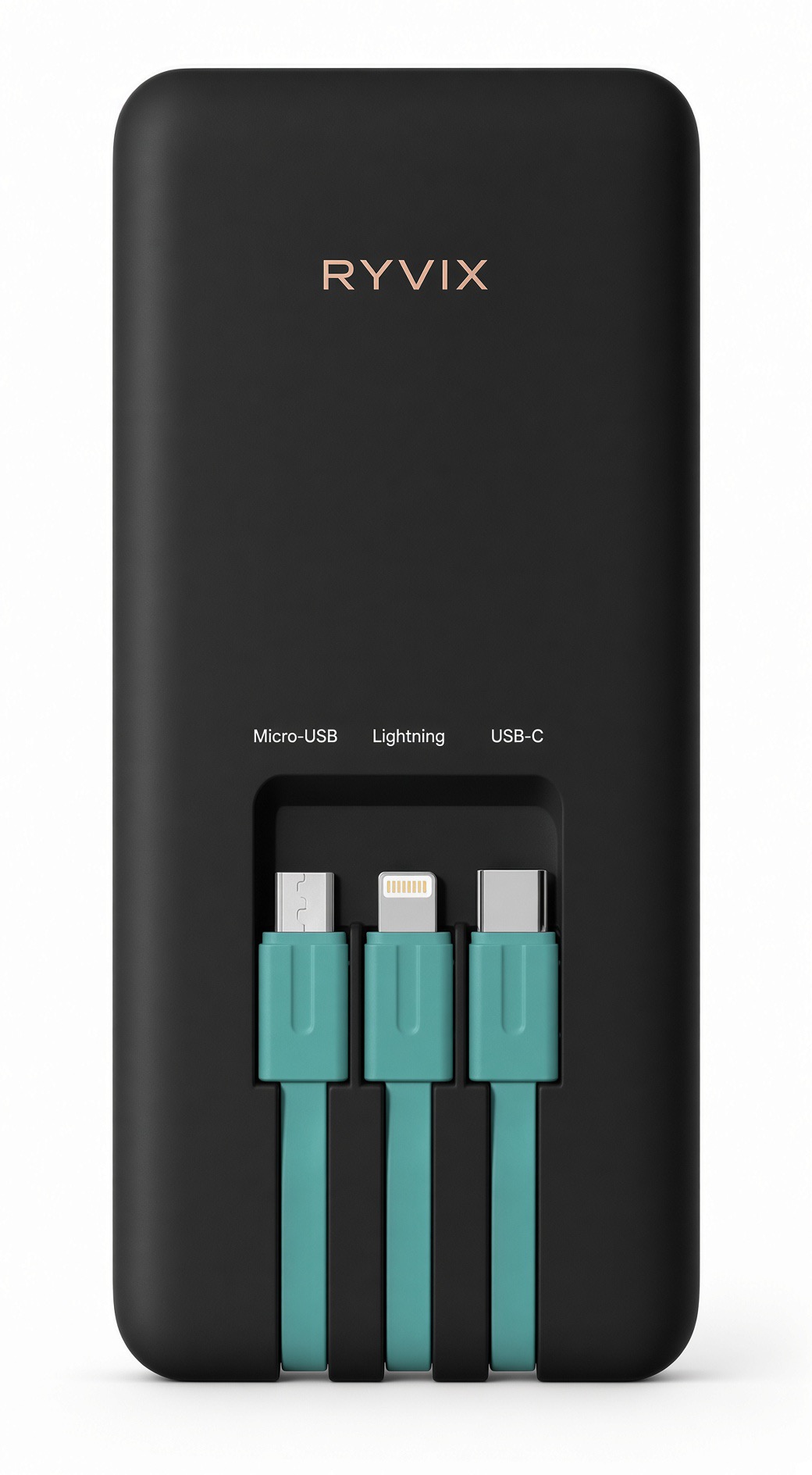 Ryvix power bank with built-in Micro-USB, Lightning, and USB-C cables
